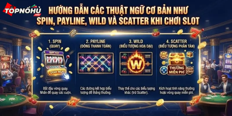 Hướng dẫn các thuật ngữ cơ bản như Spin, Payline, Wild và Scatter khi chơi slot